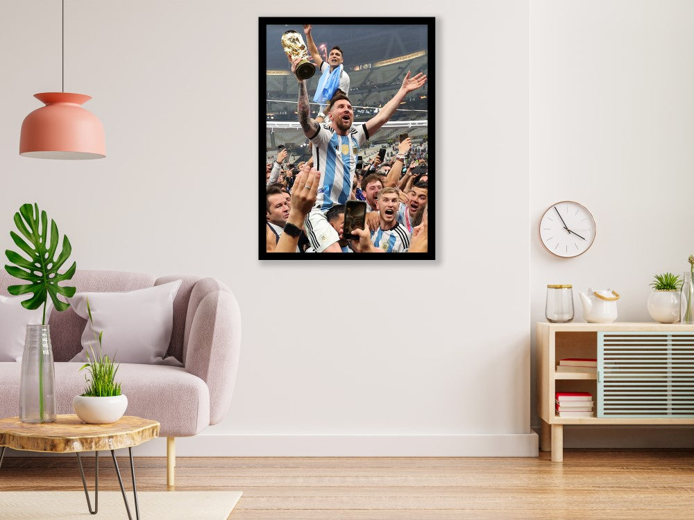 Messi With Trophy Celebrating on Teams Shoulder