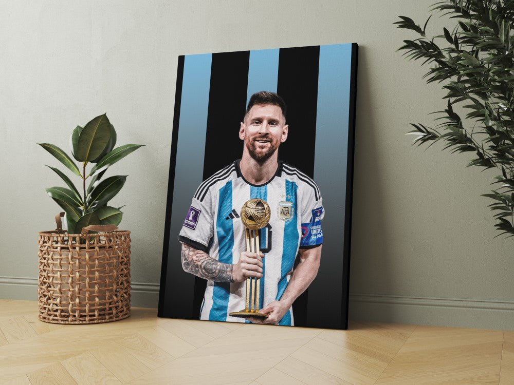 Messi Holding World Cup Golden Ball Trophy