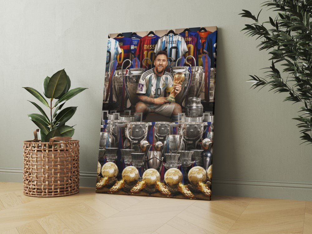 Lionel Messi with all Trophies and Jersys