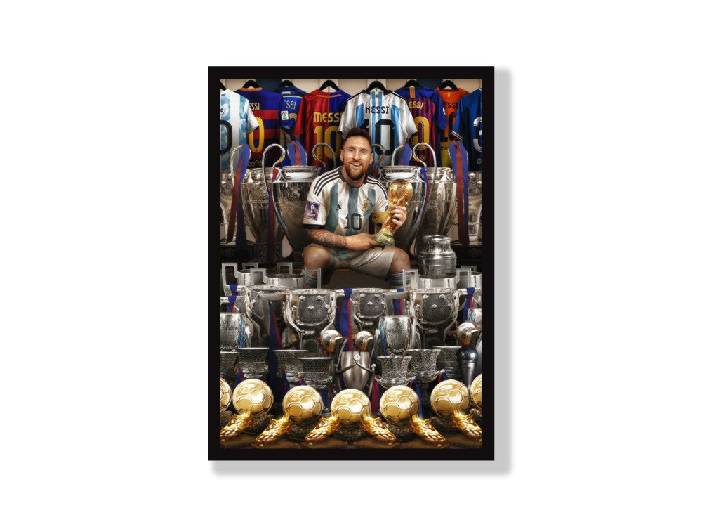 Lionel Messi with all Trophies and Jersys