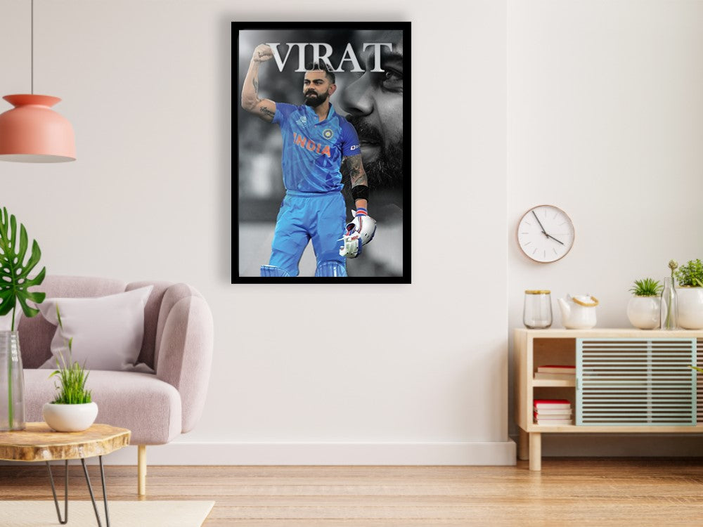 Virat Cricket Wall Poster Glossy Black Frame