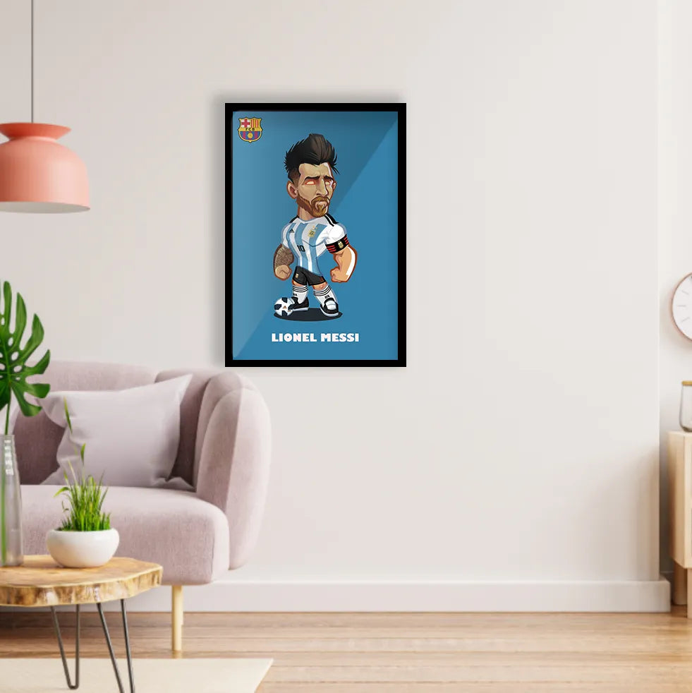 Lionel Messi Cartoon Poster for HomeOfficeandStudent Room Wall Glossy Black Frame