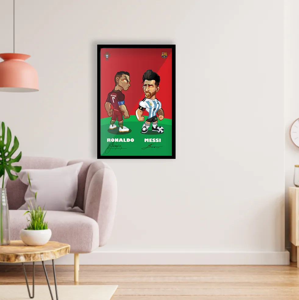 Ronaldo Lionel Messi Cartoon Poster Room Wall Glossy Black Frame