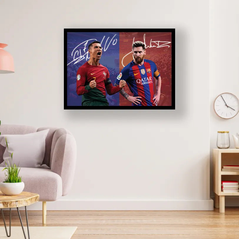 Ronaldo and Messi with autograph Black Frame