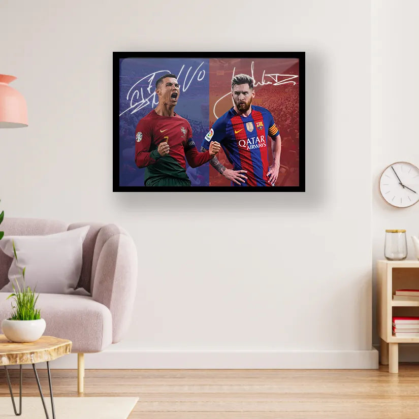 Ronaldo and Messi with autograph Glossy Black Frame
